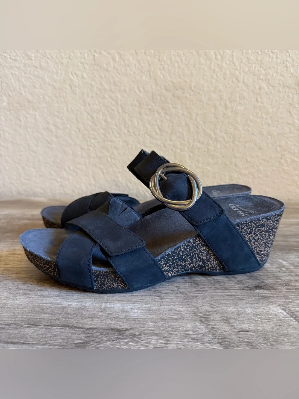 Dansko Susie slide sandals black milled nubuck leather decorative buckle